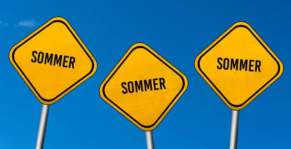 Sommer Žlutá Cedule Modrou Oblohou — Stock fotografie