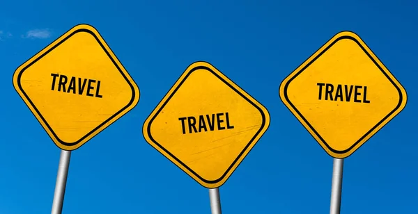 Travel Yellow Signs Blue Sky — Stock Photo, Image