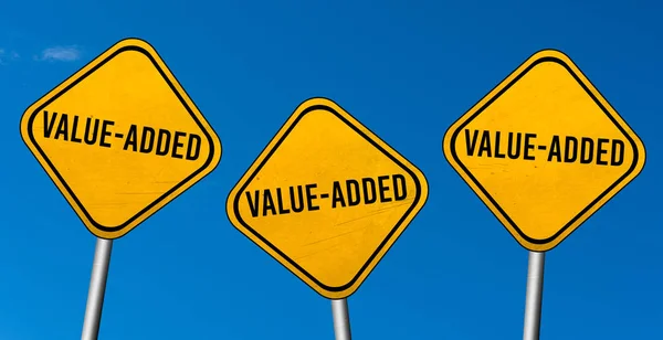 Value Added Yellow Signs Blue Sky — Stock Photo, Image