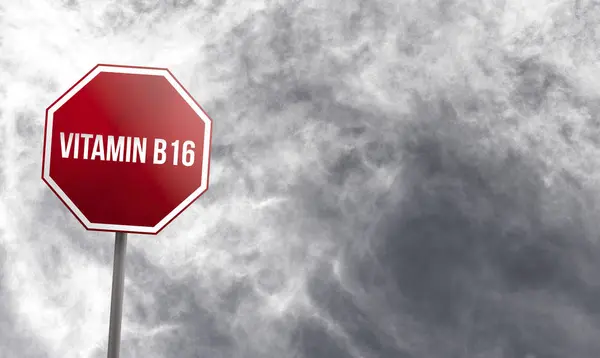 Vitamine B16 Rood Bord Met Wolken Achtergrond — Stockfoto