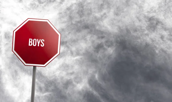 Αγόρια Κόκκινο Σημάδι Σύννεφα Στο Παρασκήνιο — Φωτογραφία Αρχείου