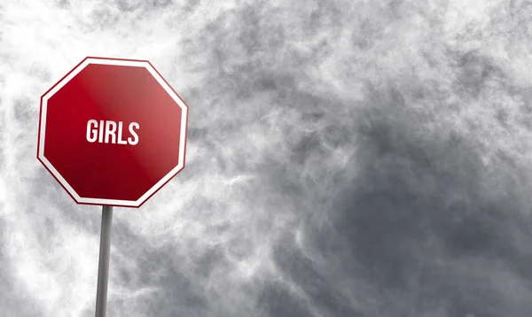 Girls Red Sign Clouds Background — Stock Photo, Image