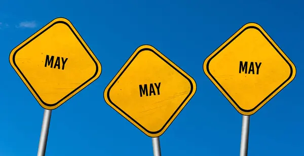 May Yellow Signs Blue Sky — Stock Photo, Image
