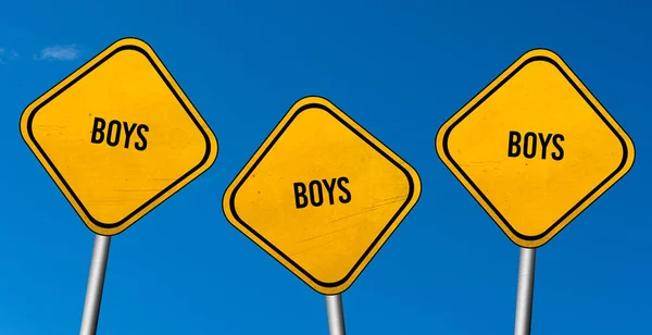 Boys Yellow Signs Blue Sky — Stock Photo, Image