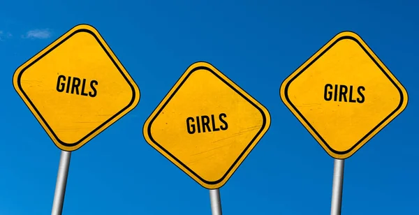 Meninas Sinais Amarelos Com Céu Azul — Fotografia de Stock