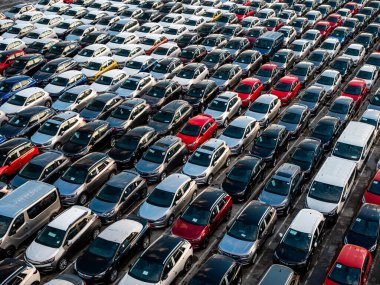 A lot of different cars are waiting for the ferry in barcelona, birds eye view, spain