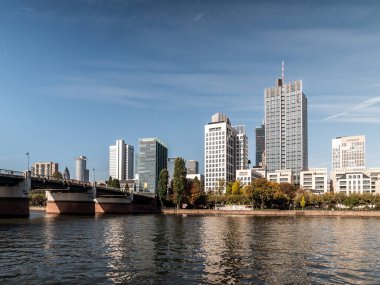 Frankfurt Skyline with Untermainbruecke at daylight with clear sky, hessen, germany