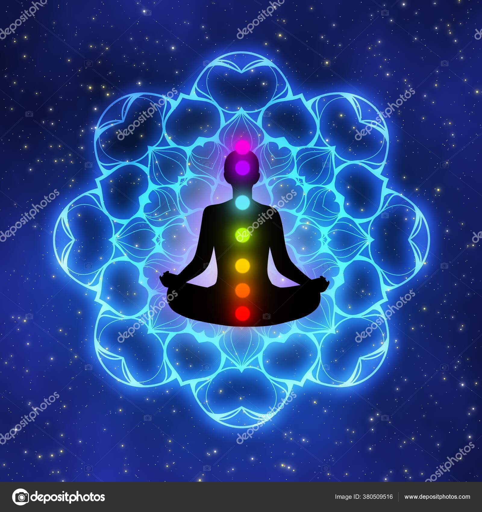 Meditation Man Aura Seven Chakras Glow Mandala Galaxy Illustration Concept  Stock Photo by ©rassamee 380509516