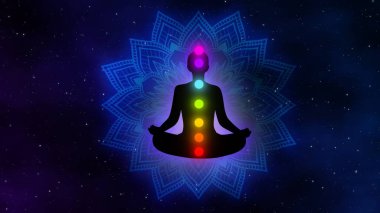 Aura 'lı meditasyon adamı, yedi çakra, ve galaksi çizim konsepti arka planında parıldayan mandala..