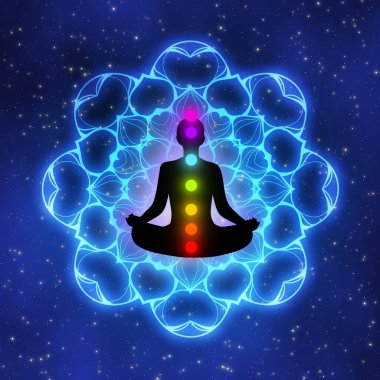 Aura 'lı meditasyon adamı, yedi çakra, ve galaksi çizim konsepti arka planında parıldayan mandala..