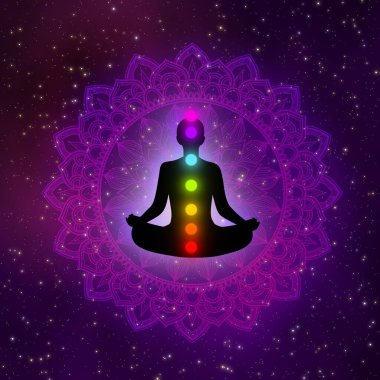 Aura 'lı meditasyon adamı, yedi çakra, ve galaksi çizim konsepti arka planında parıldayan mandala..