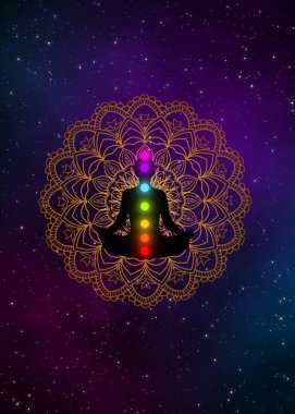 Galaksi tasarım arka planında çakraları ve altın mandala olan soyut meditasyon adamı..