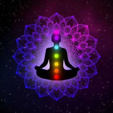 Galaksi tasarım arka planında çakraları ve altın mandala olan soyut meditasyon adamı..