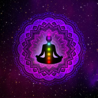 Galaksi çizimi arka planında yedi çakra ve mandala olan soyut meditasyon adamı..