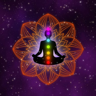 Galaksideki bakır mandala ve güzel yıldız tarlasında yedi çakrası olan soyut siluet meditasyoncusu..