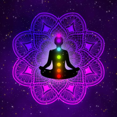 Mandala ve güzel galaksi geçmişi olan bir meditasyon adamı..