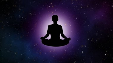 Siluet meditasyoncusu tam bir iç gücü ve arka planda güzel bir evreni olan adam..