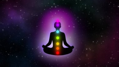 Galaksi çizimi arka planında yedi çakrası olan soyut meditasyon adamı..
