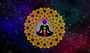 Siluet meditasyoncusu ve evrenin derinliklerinde lüks altın mandala üzerindeki yedi çakrası.