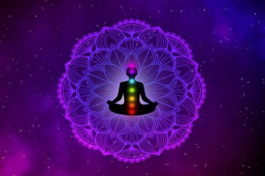 Ruhani siluet meditasyon adamı ve galaksideki gaz bulutları üzerinde güzel mandala tasarımı..