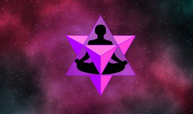 Siluet adam ve merkaba galaksi çizim arka planı.