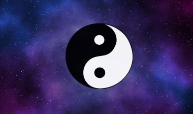 Galaksi çizim arka planında soyut yinyang işareti.
