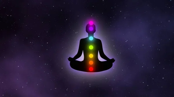 Meditationsmanöver Mit Glühaura Und Sieben Chakren Der Galaxie Illustration Konzept — Stockfoto