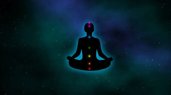 Çakralı meditasyon adamı, ve galaksinin güzeliyle parlayan aura, illüstrasyon konsepti tasarım arka planı.