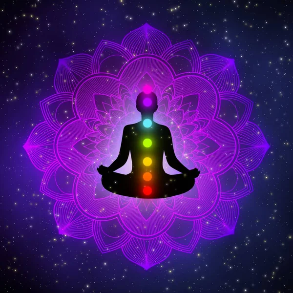 Homem Meditação Com Aura Sete Chakras Mandala Brilho Fundo Conceito — Fotografia de Stock