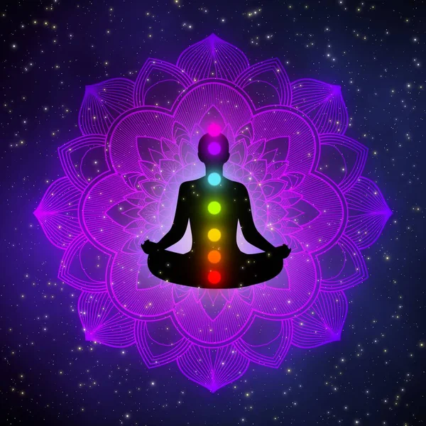 Aura 'lı meditasyon adamı, yedi çakra, ve galaksi çizim konsepti arka planında parıldayan mandala..