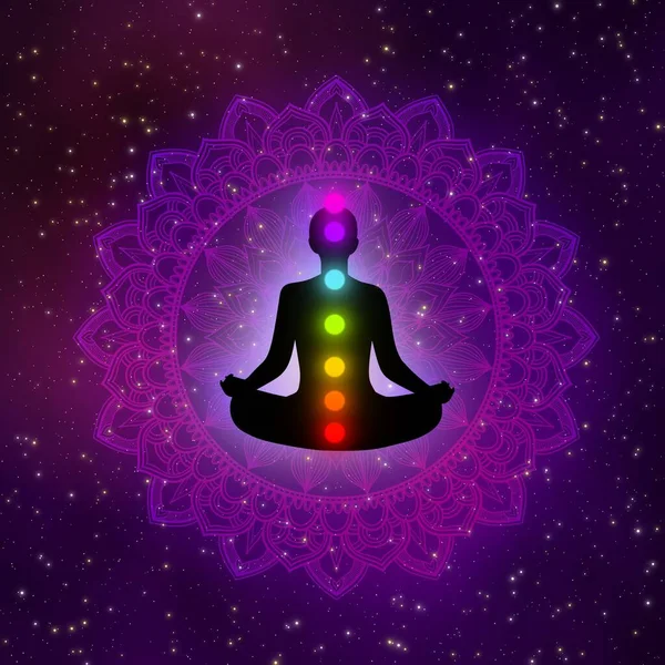 Meditáció Ember Aura Hét Csakra Világít Mandala Galaxisban Illusztráció Koncepció — Stock Fotó