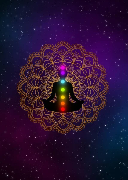 Abstract Meditation Man Chakras Golden Mandala Galaxy Illustration Design Background — Stock Photo, Image