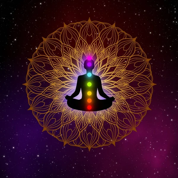 Galaksi tasarım arka planında çakraları ve altın mandala olan soyut meditasyon adamı..