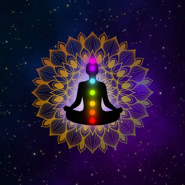 Galaksi çizimi arka planında yedi çakra ve mandala olan soyut meditasyon adamı..