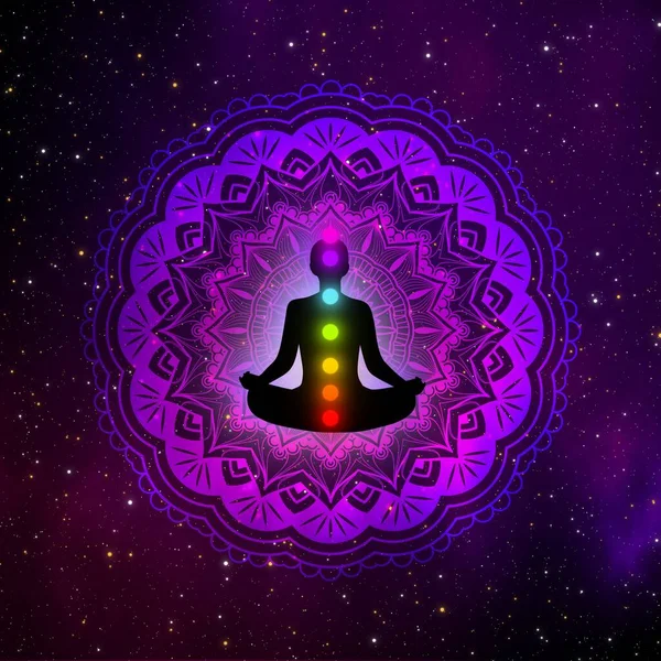 Abstract Meditation Man Seven Chakras Mandala Galaxy Illustration Design Background — Stock Photo, Image