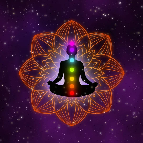 Galaksideki bakır mandala ve güzel yıldız tarlasında yedi çakrası olan soyut siluet meditasyoncusu..