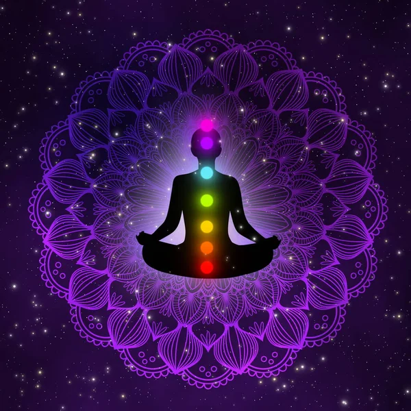 Silueta Hombre Meditación Con Siete Chakras Hermoso Fondo Diseño Galaxia —  Fotos de Stock