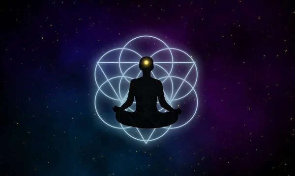 Siluet meditasyon adamı ve yaşam tohumu galakside üçgen ve derin evrenin illüstrasyon tasarım konsepti arka planında yıldızlı.