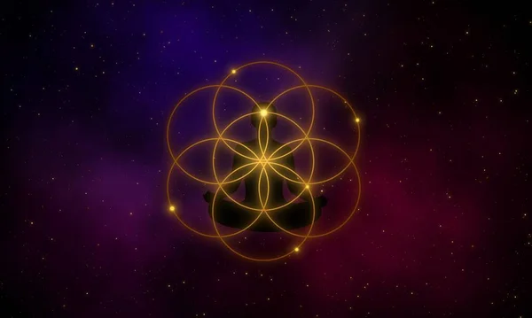 Силуэт Медитации Человека Семя Знака Жизни Галактике Звезды Глубокой Вселенной — стоковое фото