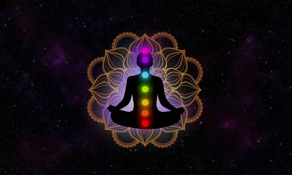 Galaksi çizimi arka planında yedi çakrası ve lüks mandala olan soyut meditasyon adamı..