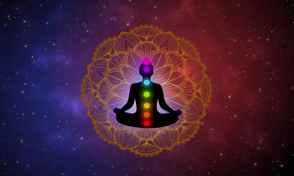 Hombre Meditación Silueta Abstracta Siete Chakras Mandala Oro Belleza Del — Foto de Stock