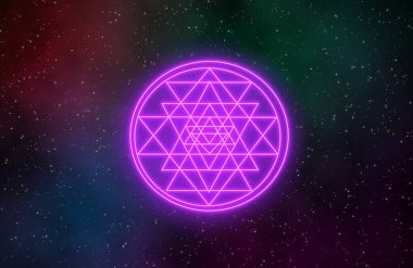 Sri Yantra, bileşen üçgenlerle örtülü olan Hindu işaretidir. Boyut, şekil ve kesişme açısından beş eşmerkezli 43 küçük üçgen oluşturur. Çizim tasarımı arkaplanı.