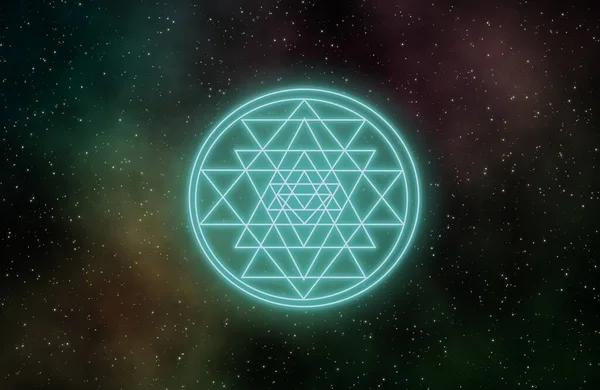 Sri Yantra, bileşen üçgenlerle örtülü olan Hindu işaretidir. Boyut, şekil ve kesişme açısından beş eşmerkezli 43 küçük üçgen oluşturur. Çizim tasarımı arkaplanı.