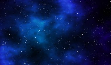 Uzay Kaçışı illüstrasyon astronomi grafik tasarımı mavi nebula ve derin evrende parlayan yıldızlar ile arka plan.
