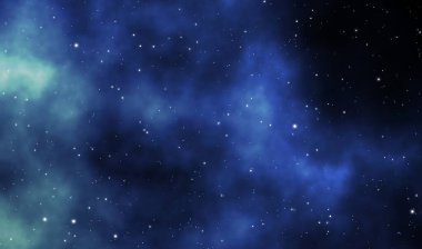 Uzay Kaçışı illüstrasyon astronomi grafik tasarımı mavi nebula ve derin evrende parlayan yıldız ile arka plan.