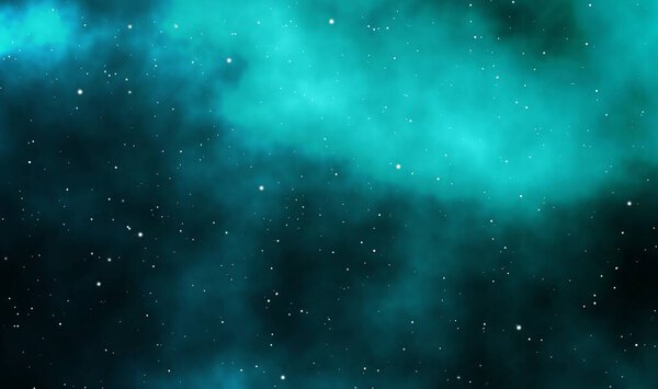 Spacescape illustration astronomy graphic design background with emerald nebula and glowing stars in deep universe.