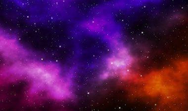 Mor bulutsular ve evrenin derinliklerinde parlayan yıldızlarla uzay kaçış çizimi astronomisi grafik tasarımı.