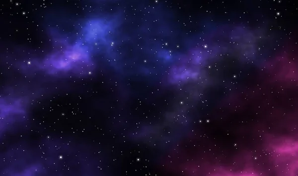 Spacescape illustration astronomy graphic design background with purple nebulas and glowing stars in deep universe.