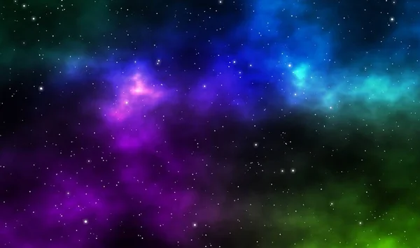 Spacescape illustration astronomy graphic design background with colorful nebulas and glowing stars in deep universe.