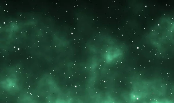 Space scape illustration astronomy graphic design galaxy background with green gas clouds and glowing stars in deep universe.